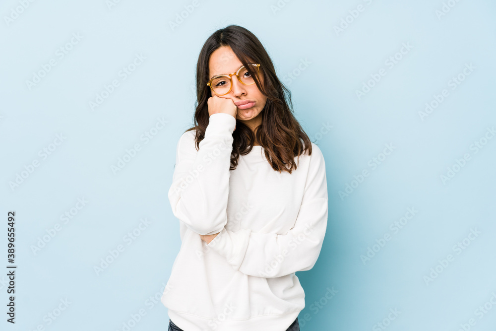 Young mixed race hispanic woman isolated who feels sad and pensive, looking at copy space. Young mixed race hispanic woman isolated who feels sad and pensive, looking at copy space.