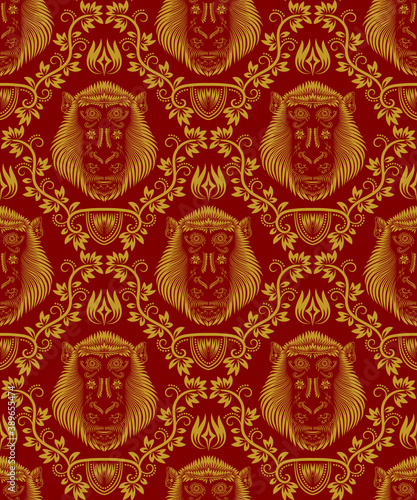 Vintage seamless pattern of repeating monkey head. Golden floral ornament on red background in antique style.