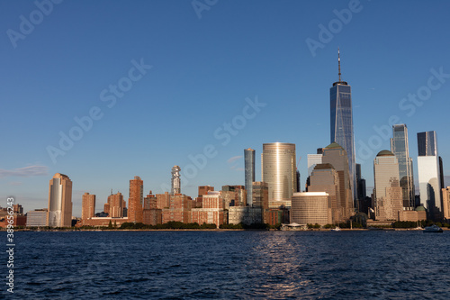 Lower Manhattan and Tribeca Skyline along the Hudson River in New York City during a Sunset