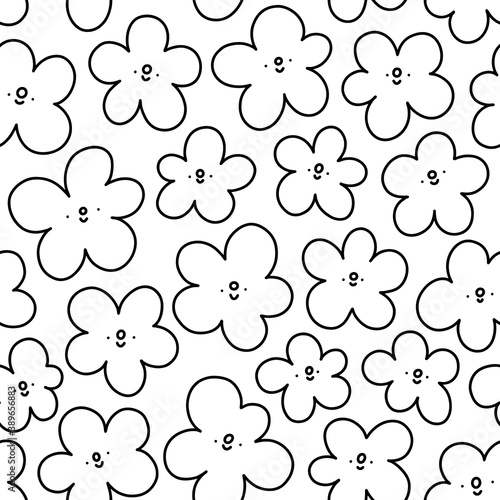 Simple fun outline doodle flowers pattern, vector illustration