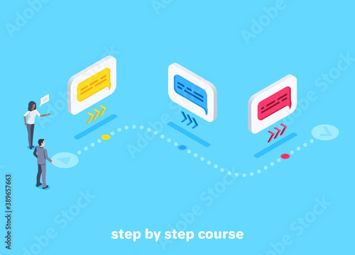 isometric vector image on a blue background, step-by-step path for a man in a business suit, online courses and a curator