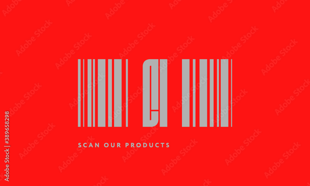 Premade barcode logo initials monogram silver modern bar code on red background Premade barcode logo initials monogram silver modern bar code on red background