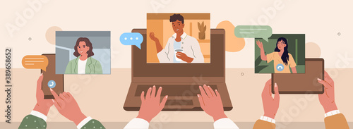 Hands Holding Smartphone, Laptop and Tablet with Video Chat. People Chatting and Communicating Together in Social Media. Female and Male Characters Talking Online. Flat Cartoon Vector Illustration.