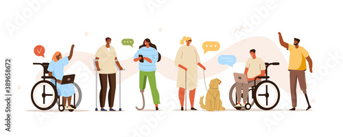 Disabled Diversity People Working Together. Handicapped Characters and Persons in Wheelchairs using Smartphones, Laptops and Communicating. Flat Cartoon Vector Illustration.