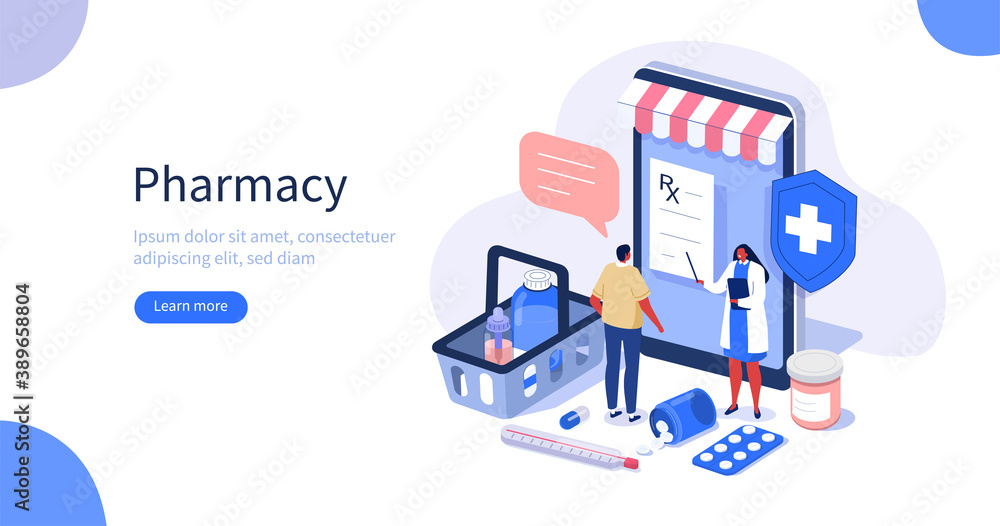 Doctor Pharmacist in Online Drugstore giving Prescription to Patient. Medicine Pills and Bottles in Shopping Basket. Pharmacy Store Concept.  Flat Isometric Vector Illustration.