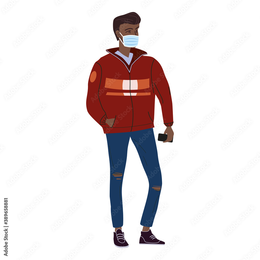 Young man student in modern autumn trendy clothes. In medical mask, individual protection from viruses, smog, vapor. Fashion casual outerwear street style character. Flat cartoon style vector isolated Young man student in modern autumn trendy clothes. In medical mask, individual protection from viruses, smog, vapor. Fashion casual outerwear street style character. Flat cartoon style vector isolated