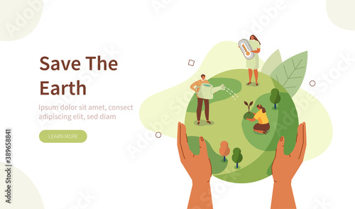 People Characters trying to Save Planet Earth. Woman and Man Planting and Watering Trees, Measuring Planet Temperature. Global Warming and Climate Change Concept. Flat Cartoon Vector Illustration.