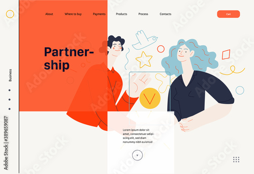 Business topics -partnership, web template header. Flat style modern outlined vector concept illustration. Partners shaking their hands confirming agreement, contract or partnership. Business metaphor