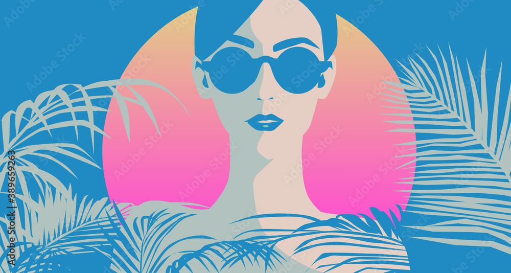 Beautiful brunette woman wearing sunglasses in tropical forest. Stylish original graphic portrait. Fashion illustration in minimal art style.