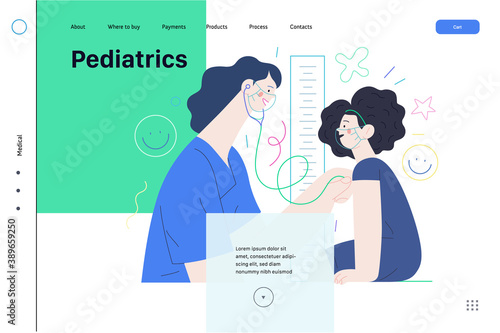 Pediatrics - medical insurance -modern flat vector concept digital illustration - female pediatrician carrying out the auscultation of a little girl with a stethoscope, medical office or laboratory