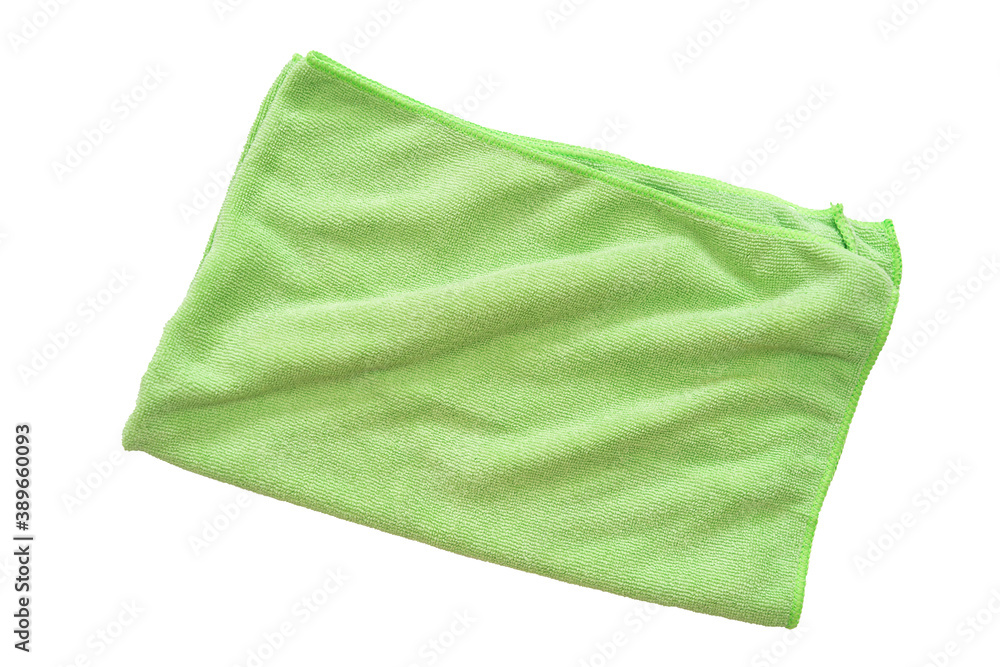Close up of female green cloth to wipe, Fold the fabric into a square. White isolated background