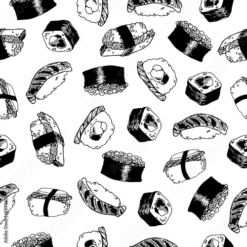 Vector seamless pattern different kinds of sushi