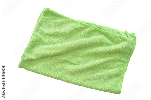 Close up of female green cloth to wipe, Fold the fabric into a square. White isolated background