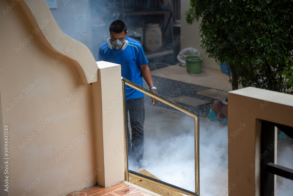 insect treatment. man in a respirator sprays smoke poison insect treatment. man in a respirator sprays smoke poison