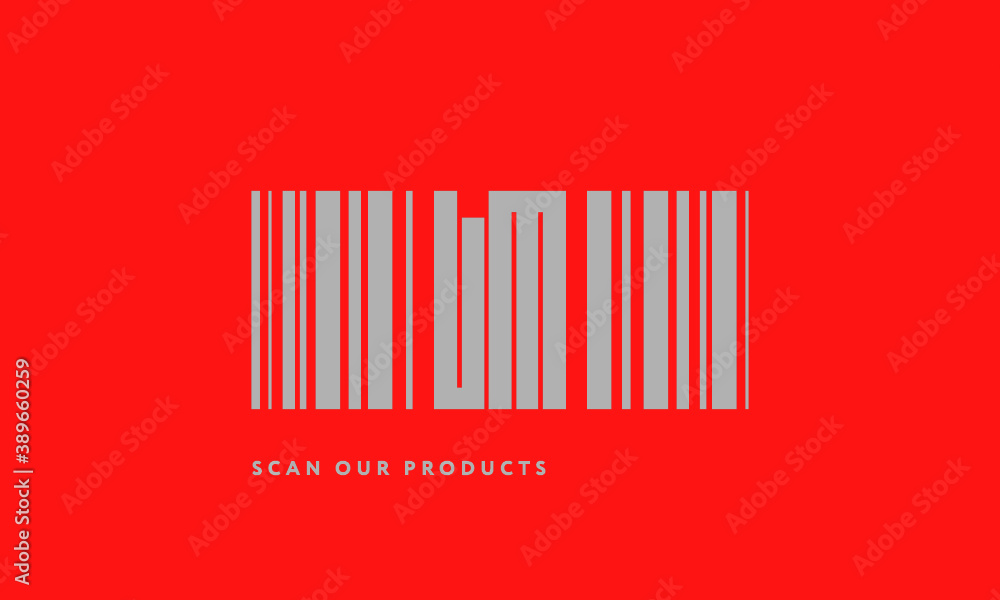 Premade barcode logo initials monogram silver modern bar code on red background Premade barcode logo initials monogram silver modern bar code on red background