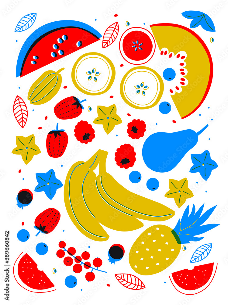 Fruit collection in flat hand drawn style, illustrations set. Tropical fruit and graphic design elements. Ingredients abstract cliparts. Cartoon style smoothie or juice ingredients.