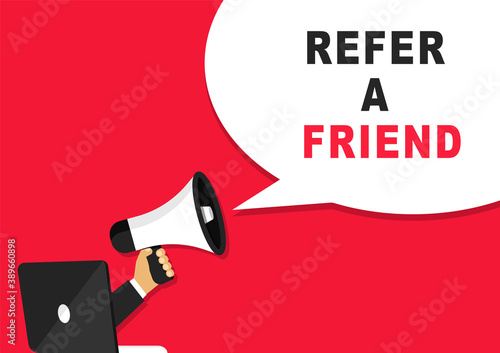 Refer a friend banner with megaphone and laptop. Advertising, marketing.