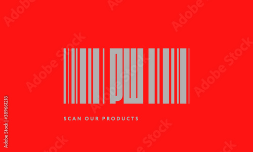 Premade barcode logo initials monogram  silver modern bar code on red background
