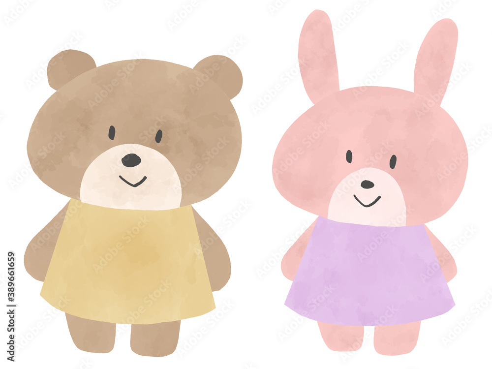 Fototapeta premium かわいい洋服を着たクマとウサギ