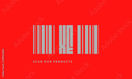 Premade barcode logo initials monogram  silver modern bar code on red background
