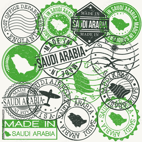 Saudi Arabia Set of Stamps. Travel Passport Stamp. Made In Product. Design Seals Old Style Insignia. Icon Clip Art Vector.