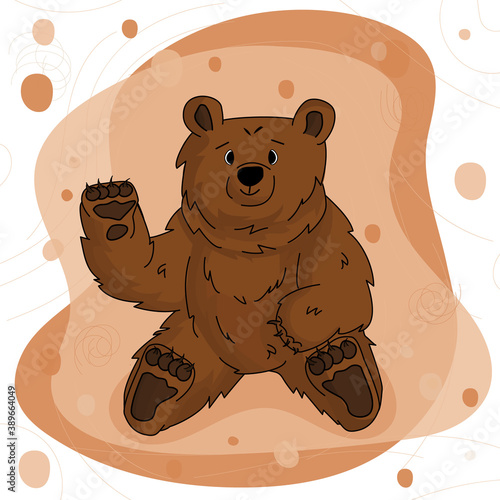 Hand drawn happy bear grizzly is waving hand and sits on brown pink background