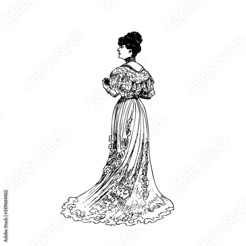 Woman in Historical Costumes Edwardian Era, Steampunk Design for Party Card. Victorian Lady High Society. Vector
