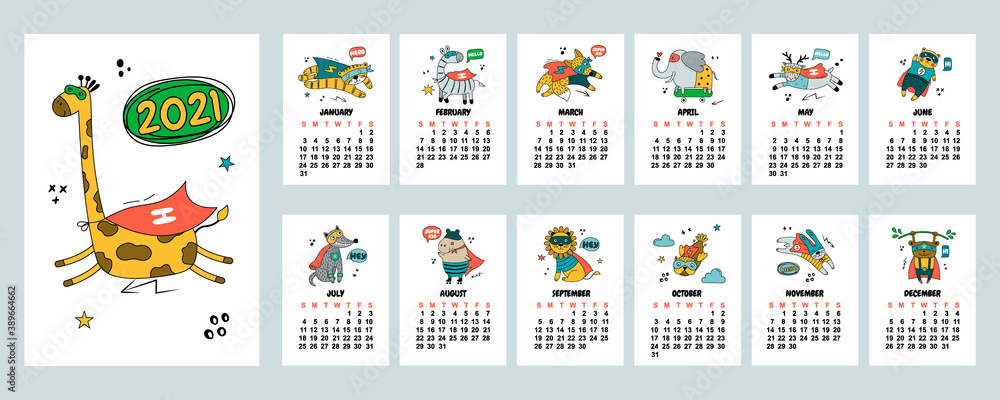 Calendar 2021 with hand-drawn animals