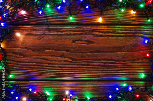 Christmas lights and vintage wood