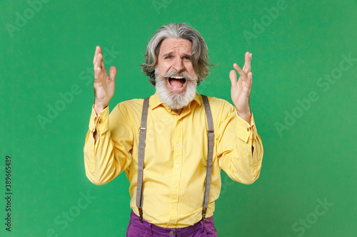 Angry irritated elderly gray-haired mustache bearded man wearing casual yellow shirt suspenders standing spreading hands screaming swearing isolated on bright green colour background, studio portrait. © ViDi Studio