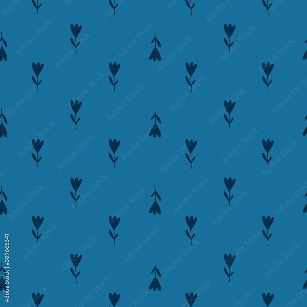 Little tulip flowers seamless doodle pattern. Navy blue background. Abstract floral artwork.