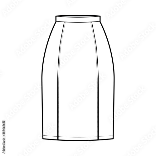 Skirt six gore pencil fullness technical fashion illustration with below-the-knee silhouette, thin waistband. Flat bottom template front, white color style. Women, men, unisex CAD mockup