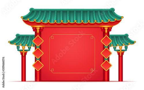 Temple with bamboo roof in Chinese style isolated red building. Vector China and Japan mascot, pagoda castle with columns, copy space. Japanese house, ancient oriental palace, decorative pavilion