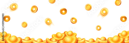 Stack of gold ingots, falling and flying coins with holes isolated on white background. Vector decorative elements for Chinese New Year CNY design. Talisman of wealth and prosperity in Feng Shui