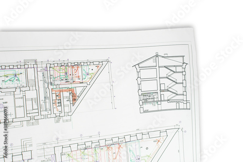 Architectural design, drawings, drawings are lying on the table. Construction Fund, engineering tools. top view