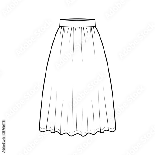 Skirt dirndl technical fashion illustration with below-the-knee lengths, semi-circular fullness, thick waistband . Flat bottom apparel template front white color style. Women, men, unisex CAD mockup