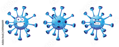 Coronavirus blue bacteria angry and smiling emoticon isolated icons set. Vector covid-2019 cell icon, 2019-nCoV. No infection and stop coronavirus concept. Dangerous pandemic virus pathogen, biohazard