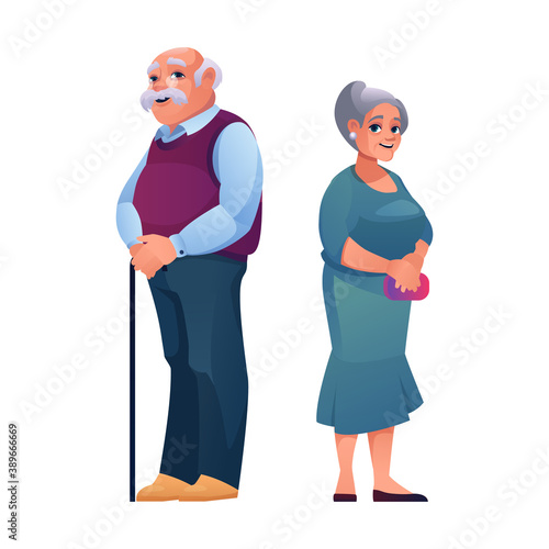 Man and woman of old age isolated elderly couple, man with stick and pretty mature woman in dress isolated. Vector grandfather and grandmother, pensioners caucasian grandma and grandpa on retirement