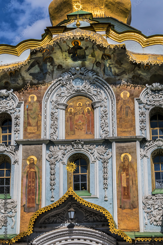 External view of Gate Church of the Trinity (Troitska Nadvratna Tserkov, 1108) - historic church of the ancient cave monastery of Kiev Pechersk Lavra (Kievo-Pecherska lavra) in Kiev. Kyiv, Ukraine.