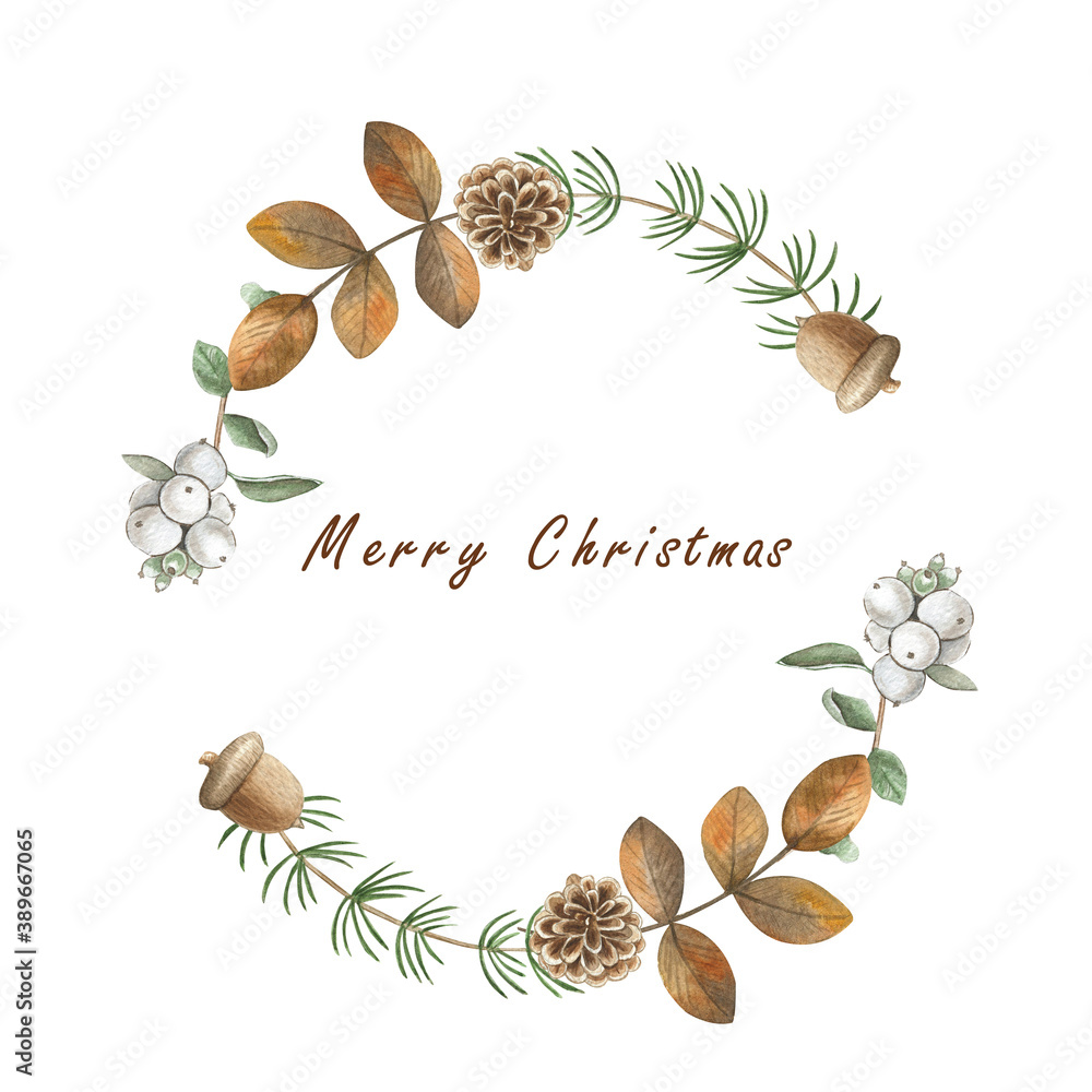 Watercolor Christmas Wreath. Festive Decoration Isolated on white. Vintage Style.
