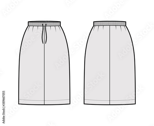 Skirt cargo technical fashion illustration with knee length silhouette, stretch drawstring waistband. Flat bottom template front, back, grey color style. Women, men, unisex CAD mockup