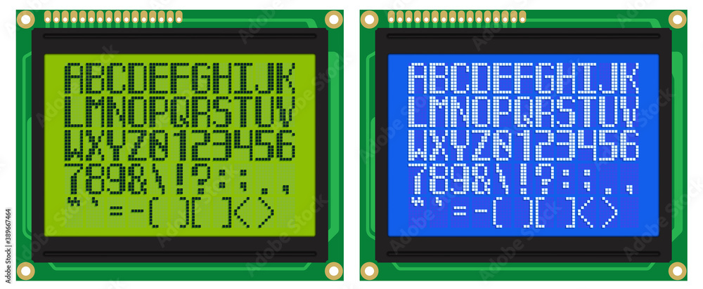Latin Font for Green and Blue LCD Displays With Dot-Matrix - obrazy, fototapety, plakaty 
