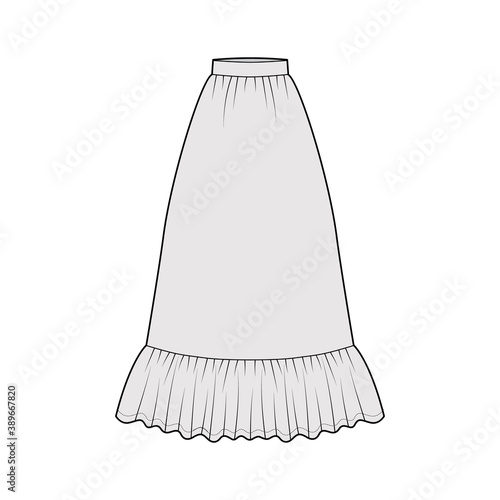 Skirt prairie dirndl technical fashion illustration with floor ankle lengths, semi-circular fullness, thick waistband. Flat bottom template front, grey color style. Women men unisex CAD mockup