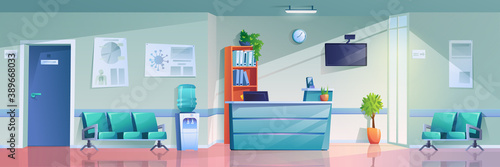 Medical hallway, reception with doors and empty rows of seats, schedules of doctors work, emergency hospital hall. Vector medical center building interior, plants and desk, screen, shelf with folders