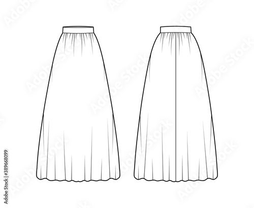 Skirt maxi dirndl technical fashion illustration with floor ankle lengths silhouette, semi-circular fullness. Flat bottom template front, back, white color style. Women men unisex CAD mockup