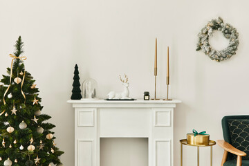 Stylish christmas living room interior with green sofa, white chimney, christmas tree and wreath, gifts and decoration. Santa claus is coming. Template.