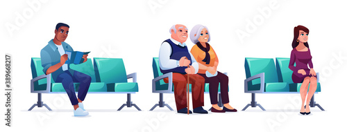 Waiting room, people sitting on chairs in queue isolated on white. Vector elderly couple, woman and man healthcare clinic patients wait their turn. Clients of bank, travelers, social distance