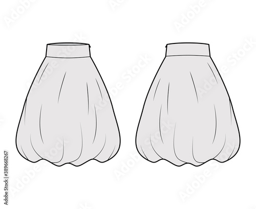 Skirt balloon technical fashion illustration with below-the-knee length silhouette, wide stretch waistband. Flat bottom template front, back grey color style. Women men unisex CAD mockup