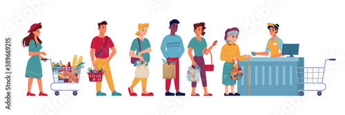 Grocery store queue of people supermarket with products in hands to cashier. Vector isolated flat people waiting in line to counter check with food in paper bags and shopping carts man and old woman