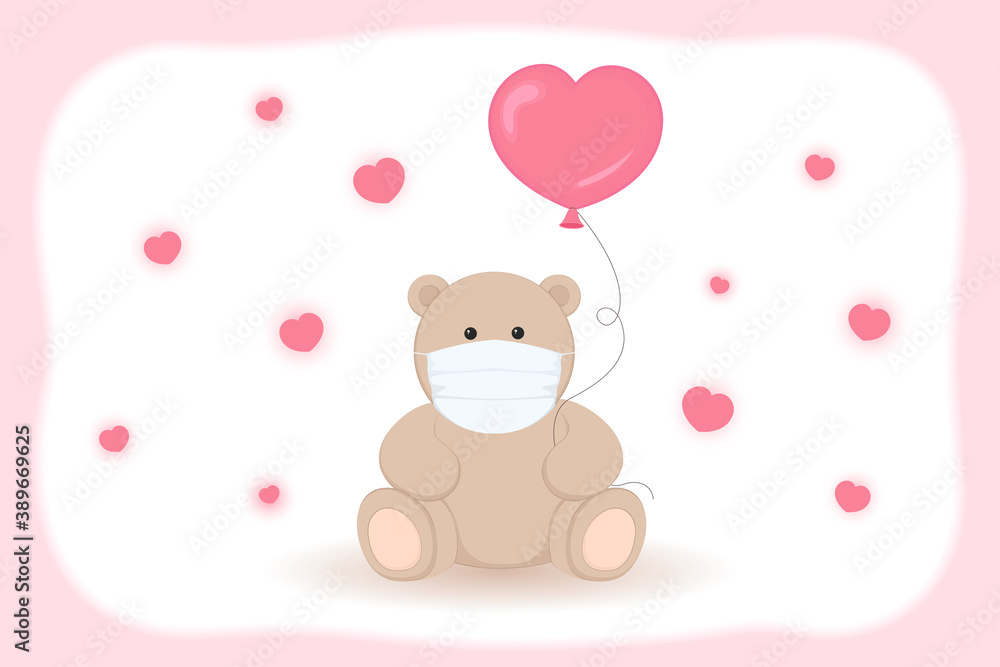 St Valentines Day or Birthday card. Teddy bear in mask. Vector illustration.